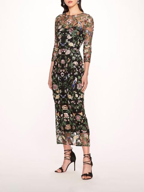 LONG BOTANICAL EMBROIDERED MIDI DRESS