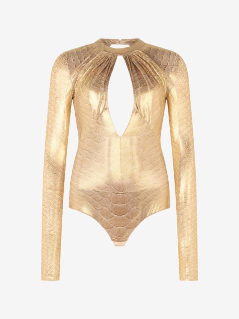 Golden Beige Bodysuit with Scale Print