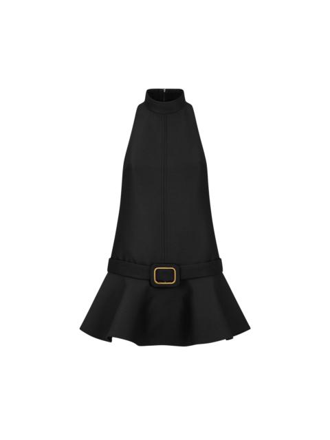 MOCK NECK MINI COCKTAIL DRESS WITH FLARED SKIRT AND BUCKLE DETAIL
