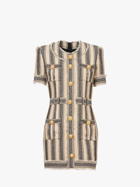 Short ecru and black cotton piqué dress with gold-tone buttons