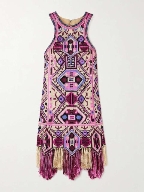 Yasmine fringed embellished embroidered silk mini dress Pink