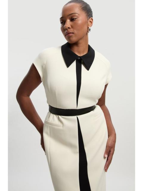 Plus Size Compact Stretch Contrast Collar Tailored Midi Dress