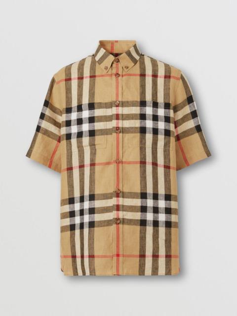 Short-sleeve Check Linen Oversized Shirt