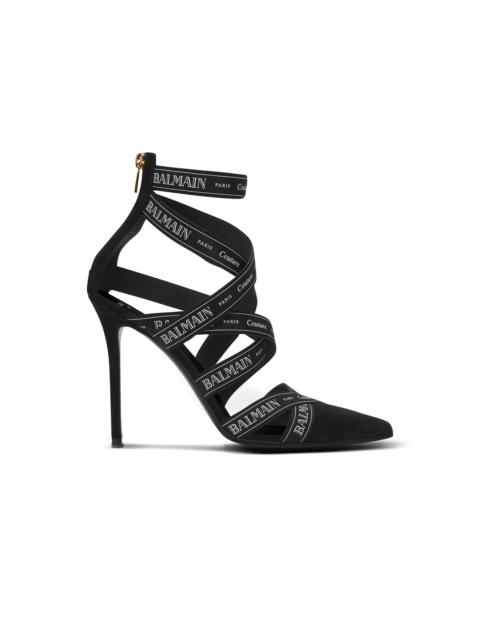 Couture suede heels with Balmain ribbon motif