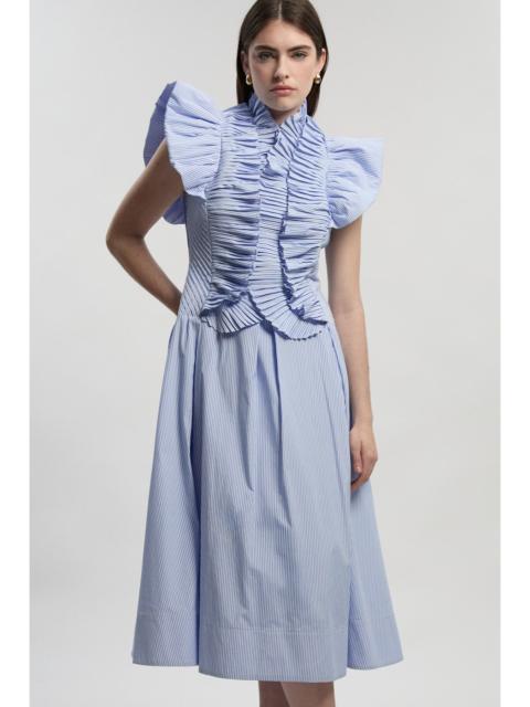 Stripe Pleated Ruffle Sleeve Woven Maxi Dress