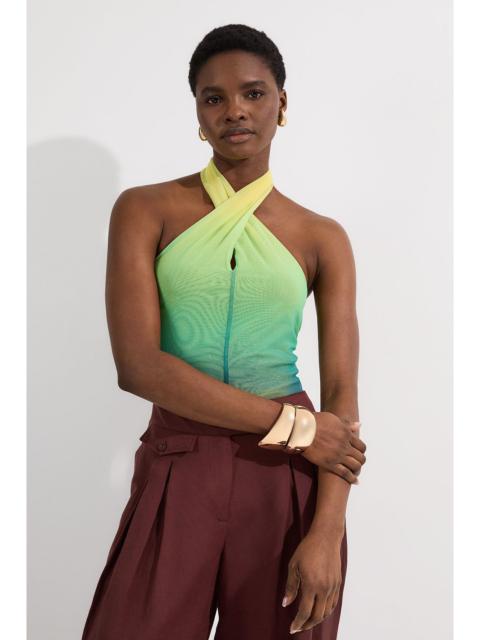 Sunset Ombre Mesh Cross Halter Jersey Bodysuit