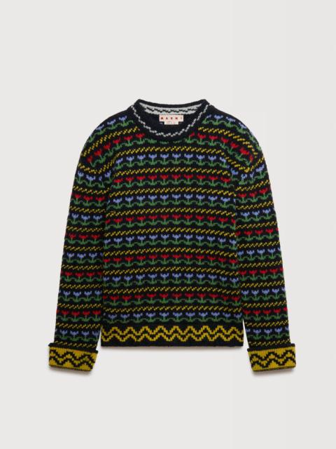 BLACK SHETLAND WOOL SWEATER WITH FAIRISLE MOTIF