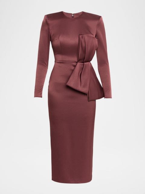 Bow Satin Crepe Long-Sleeve Midi Dress