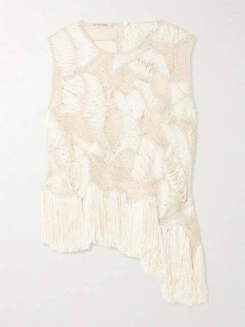 Maureen Asymmetric Fringed Macramé Silk Tank