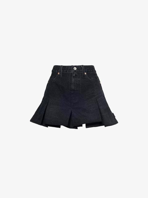 Pleated Wide-Leg Mid-Rise Denim Shorts