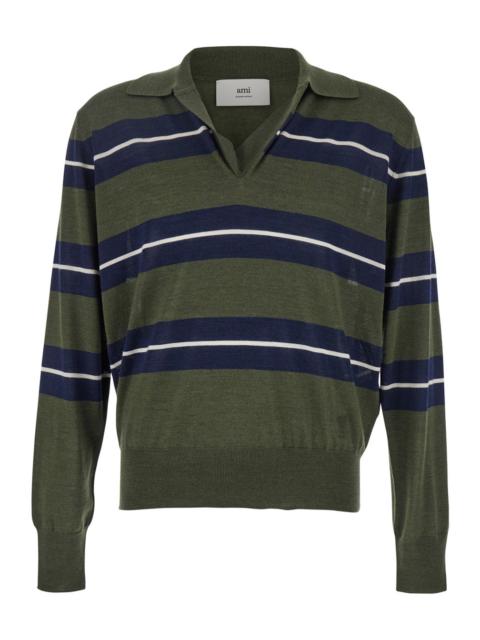 Ami Paris Men Green Polo With All-Over Striped Motif And Polo-Style Collar In Wool And Silk Blend Ma