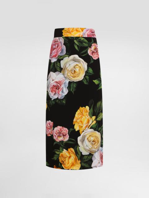 Peony and rose-print charmeuse calf-length skirt