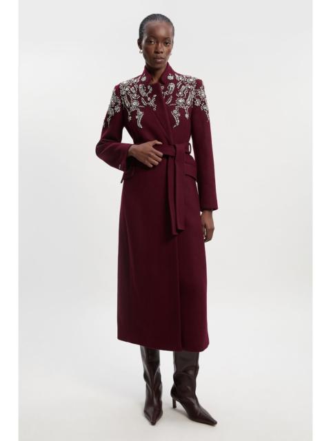 Wool Crystal Embellished Notch Neck Belted Maxi Coat