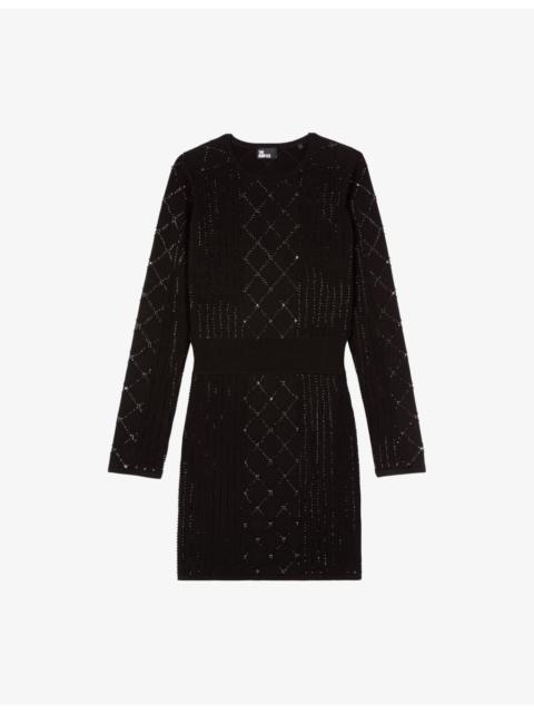Stud-Embellished Long-Sleeve Knitted Mini Dress