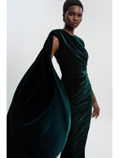Stretch Velvet Crew Neck Cape Shoulder Maxi Dress