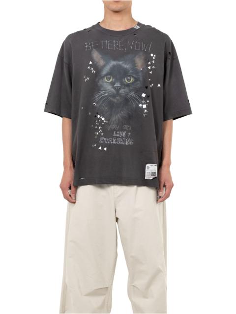 Cat Printed Embellished Distressed T-shirt