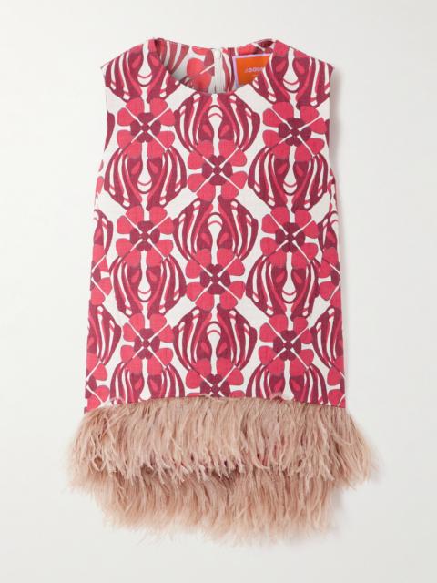 Icon La Scala Feather-trimmed Printed Stretch-cotton Tweed Top