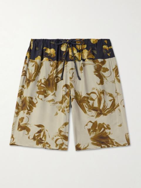Wide-Leg Floral-Print Satin Drawstring Shorts Beige