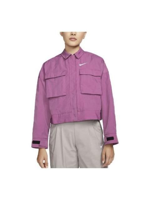 (WMNS) Nike SS22 Sportswear Essential Woven Lapel Long Sleeves Jacket Wine Red DM6244-507