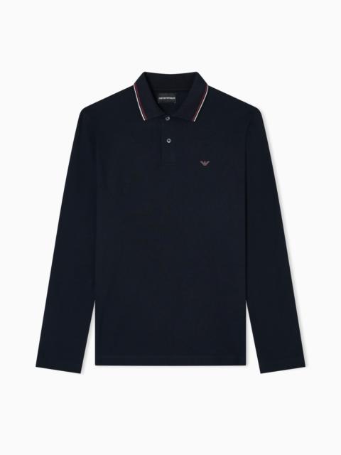 Long-sleeved stretch piqué polo shirt with micro eagle embroidery