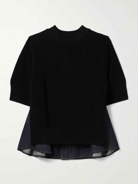 Paneled ribbed-knit and denim top Black