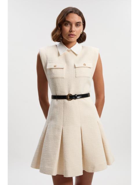 Textured Tweed Contrast Collar Pleated Tailored Mini Dress
