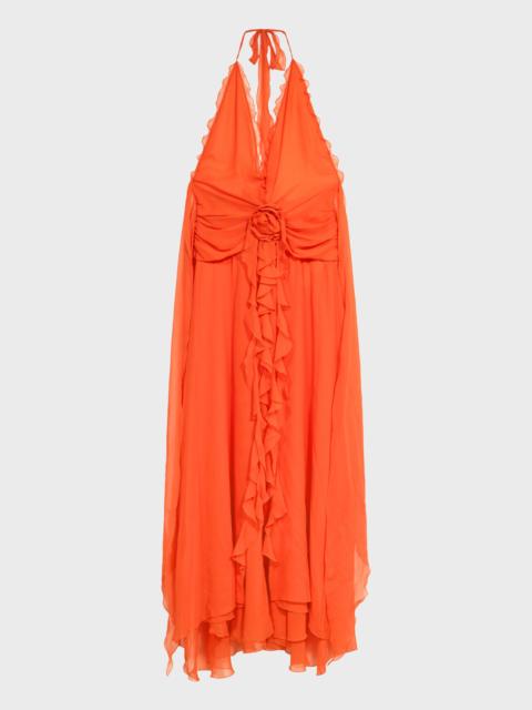 LONG VISCOSE GEORGETTE DRESS WITH ROSE AND RUFFLES