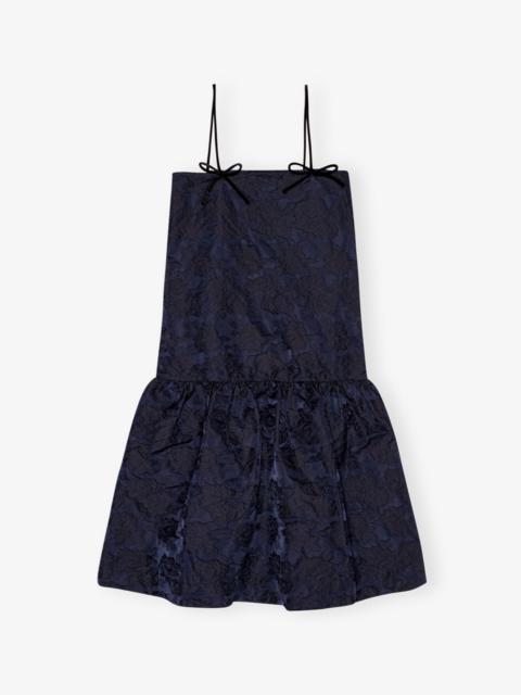 NAVY BLUE BOTANICAL JACQUARD STRAP MIDI DRESS