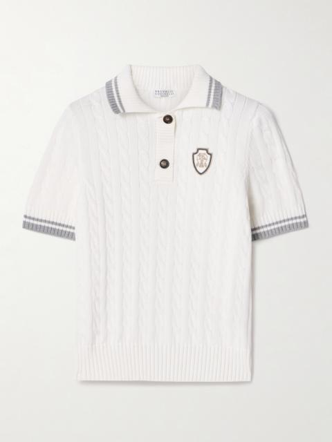 Appliquéd Cable-knit Cotton Polo Sweater