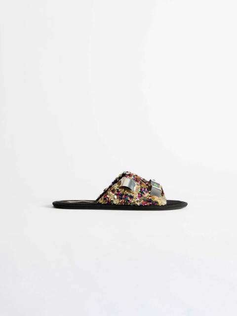 WOMENS OPEN TOE SLIDES IN PINK-MULTI