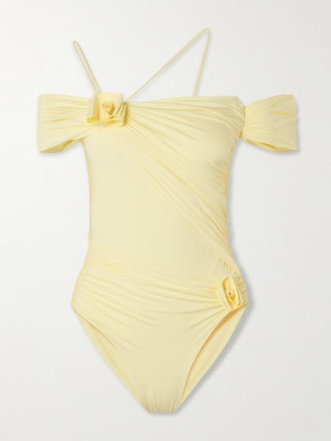 Fiorella Off-the-shoulder Appliquéd Ruched Swimsuit
