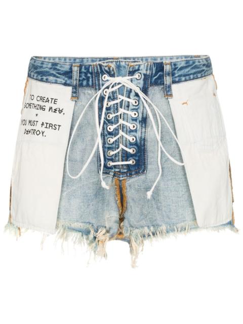 distressed reverse lace up denim shorts
