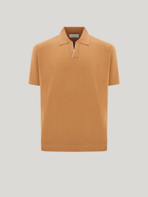 CARAMEL COTTON AND SILK POLO SHIRT WITH CONTRASTING PIPING
