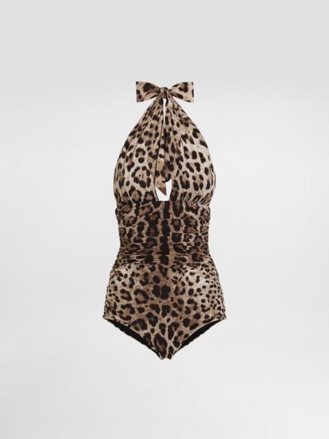 Leopard-print one-piece swimsuit with plunging neckline