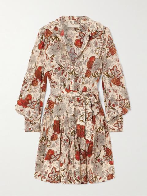 Simona Belted Ruffled Floral-print Silk Crepe De Chine Mini Dress
