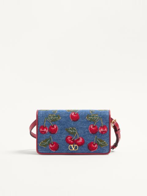 VLOGO SIGNATURE MINI DENIM SHOULDER BAG WITH CHERRYFIC EMBROIDERY