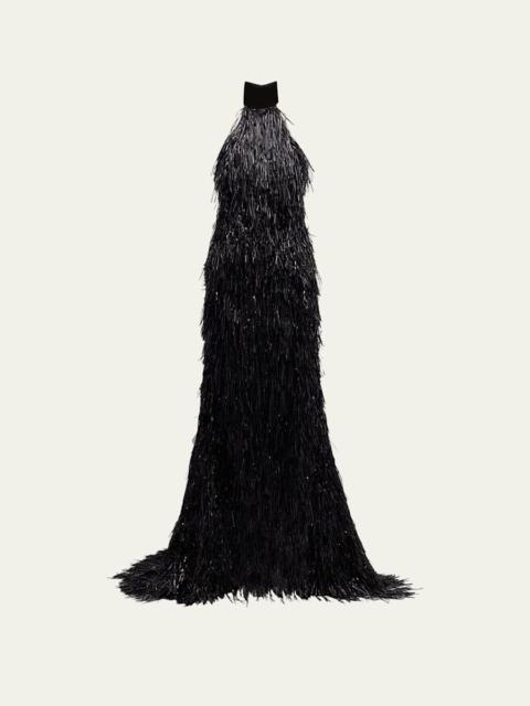 Mock-Neck Halter Fringe Gown