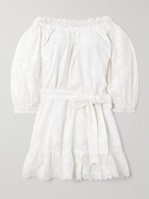 Avi Belted Off-the-shoulder Broderie Anglaise Cotton Mini Dress
