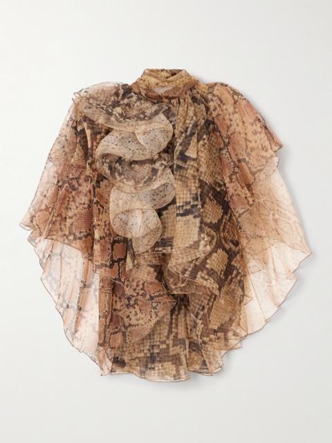 Ruffled Layered Snake-print Silk-chiffon Blouse
