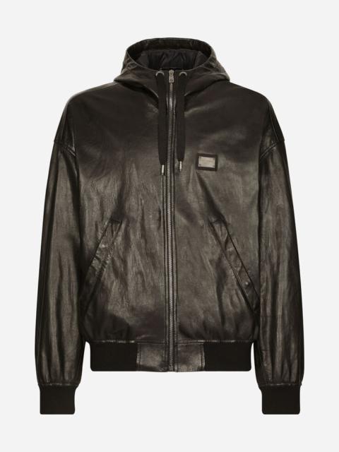 Nappa leather jacket with hood and tag
