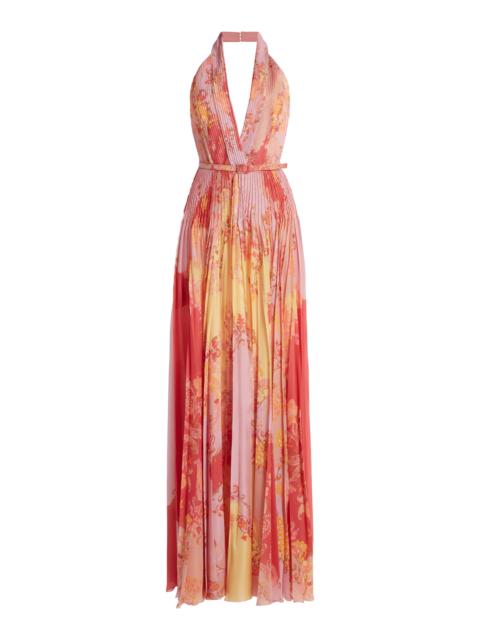 Belted Floral Plisse Maxi Dress multi