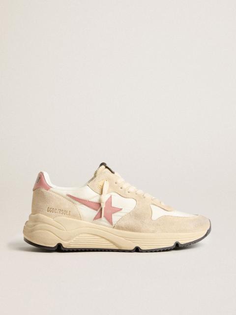 Women’s Running Sole in beige nylon with pink leather star and heel tab