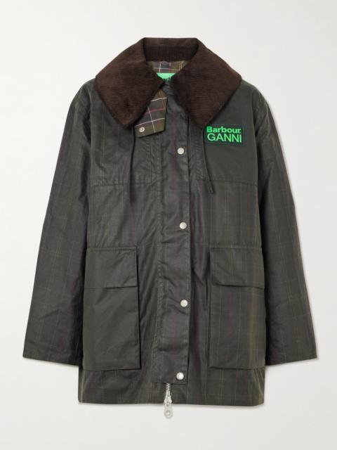 + Ganni Hooded Corduroy-trimmed Checked Waxed-cotton Jacket