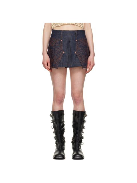 Navy Embroidery Panel Pleated Denim Miniskirt