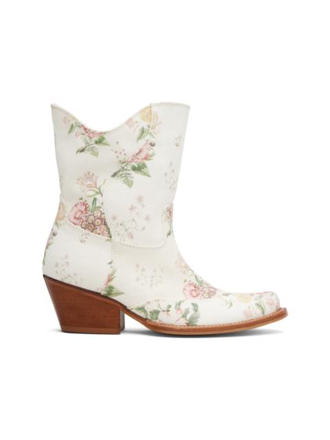 Off-White Floral Western Mid Calf Boots