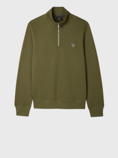 Khaki Green Organic Cotton Zebra Logo Half-Zip Sweatshirt