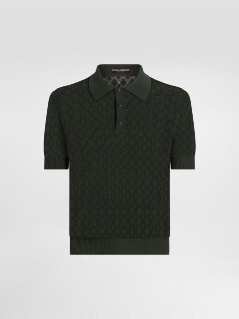 Short-sleeved cotton openwork polo-shirt