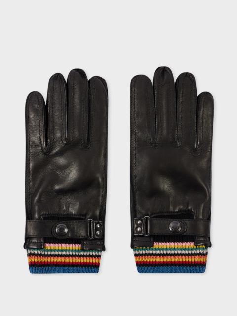 Black Leather 'Signature Stripe' Cuff Gloves