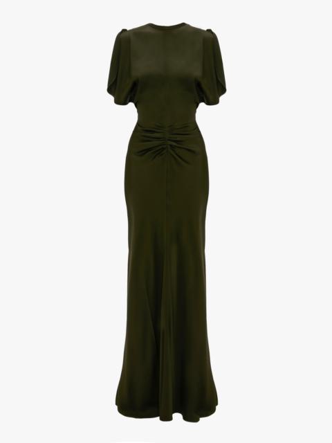 Gathered Waist Floor-Length Dress In Dark Olive