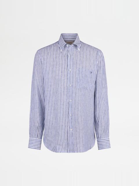 BUTTON DOWN SHIRT IN STRIPED LINEN - BLUE